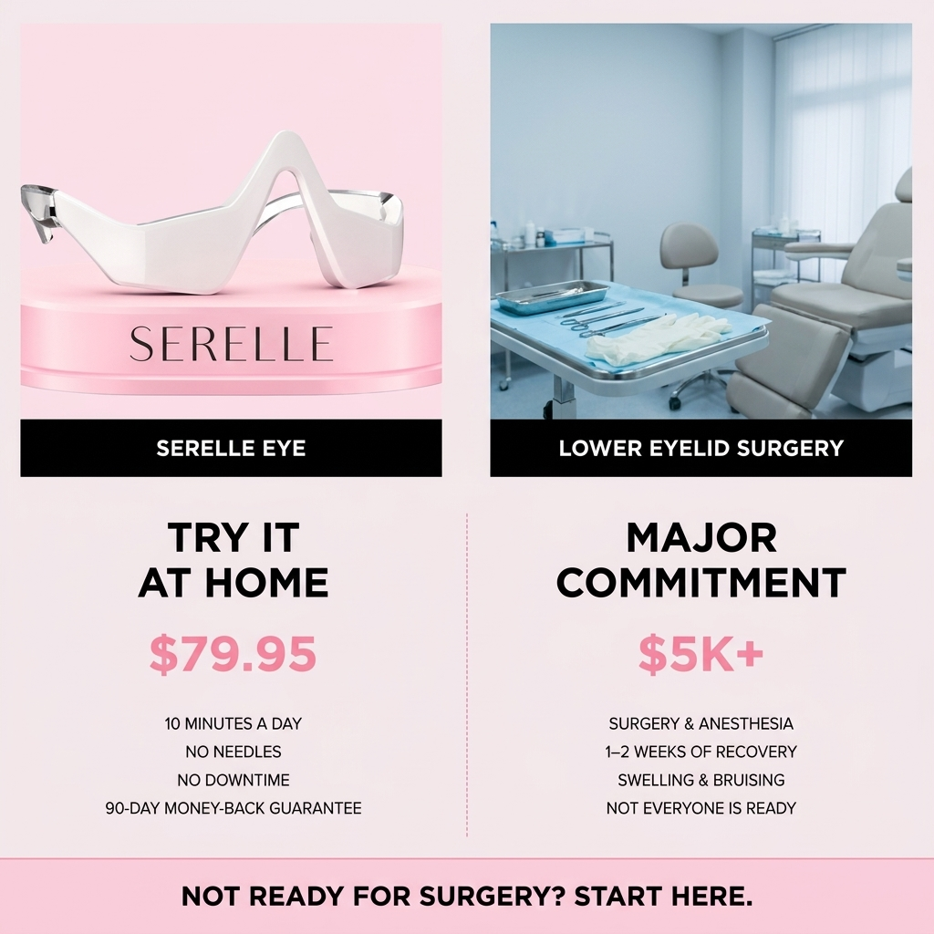 Serelle Eye™ —  red light + EMS micro-current. Firm, depuff, and tighten in 10 min a day. No needles.