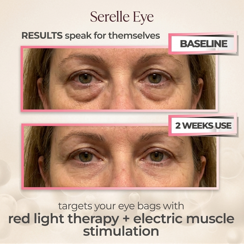 Serelle Eye™ —  red light + EMS micro-current. Firm, depuff, and tighten in 10 min a day. No needles.