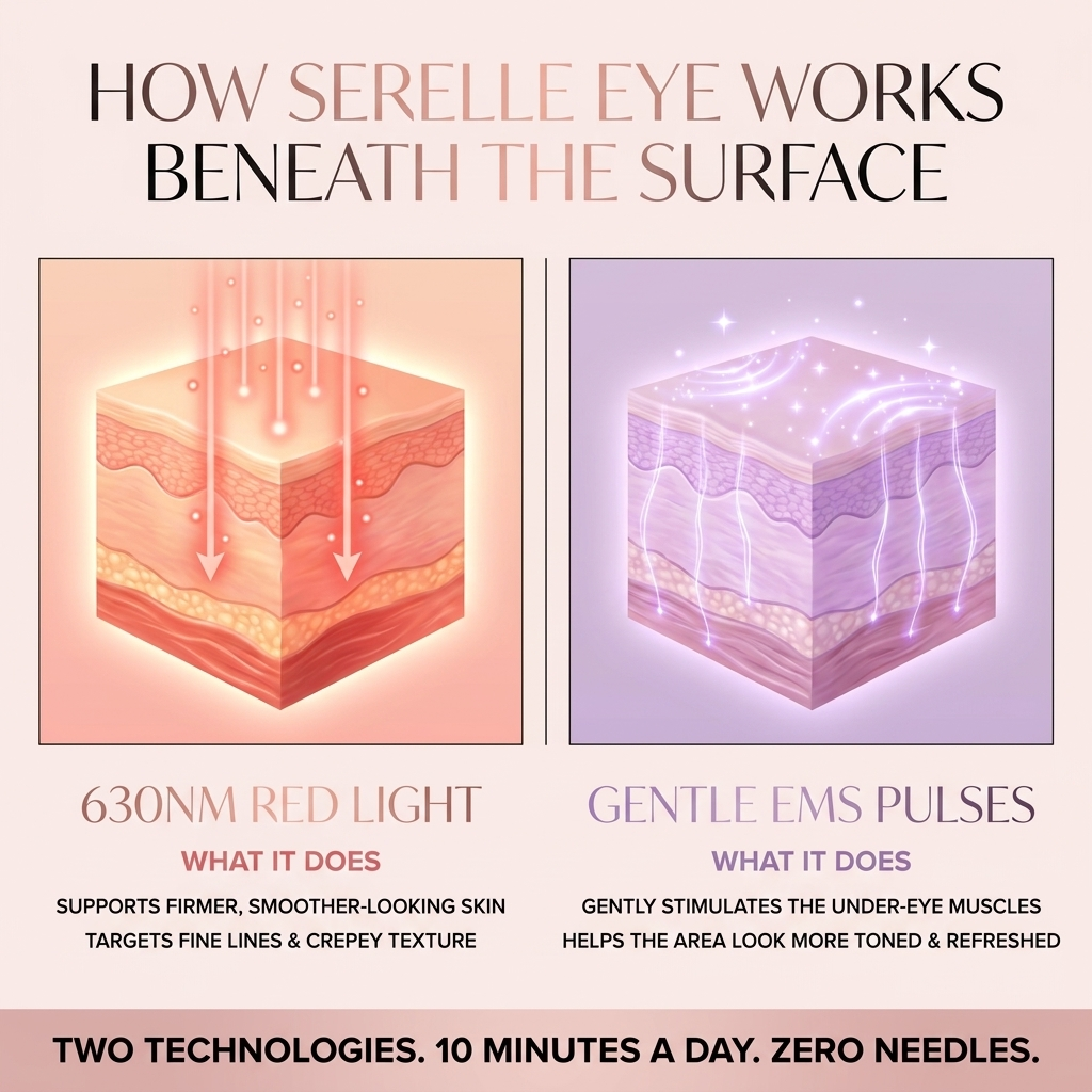 Serelle Eye™ —  red light + EMS micro-current. Firm, depuff, and tighten in 10 min a day. No needles.